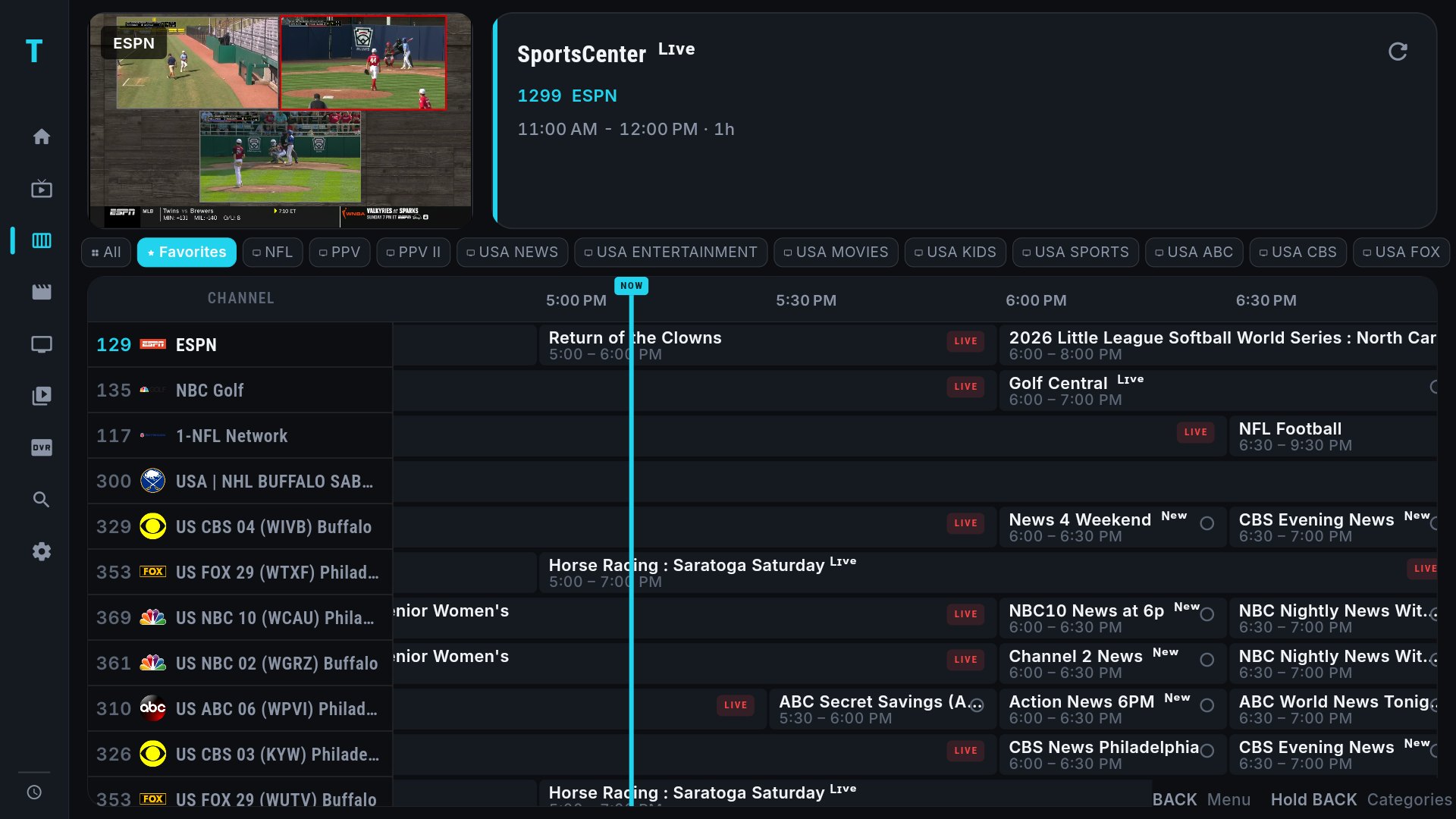 TIVRA program guide on Android TV: a full EPG grid with the highlighted channel previewing live in the corner