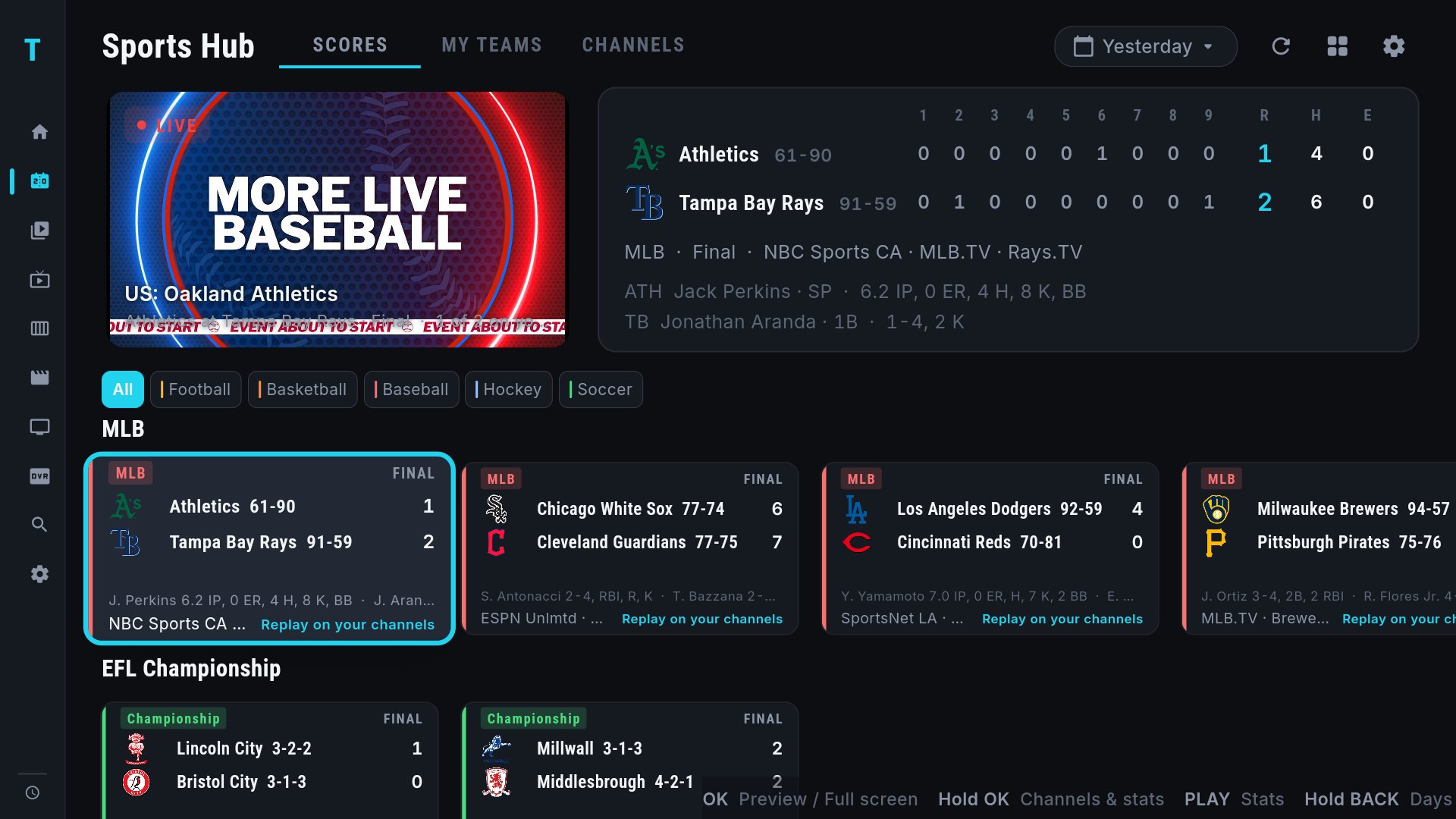 TIVRA Sports Hub on Android TV in 3.3.0: a game previewing top left, the box score as one table with innings and R H E on the right, sport filter chips, and rows of MLB and EFL Championship games below