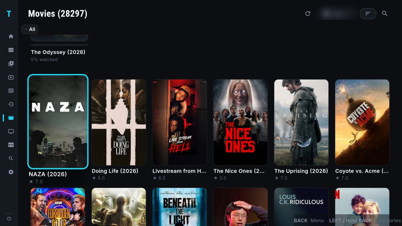 Movies grid with poster artwork, continue watching, and the category list a LEFT press away